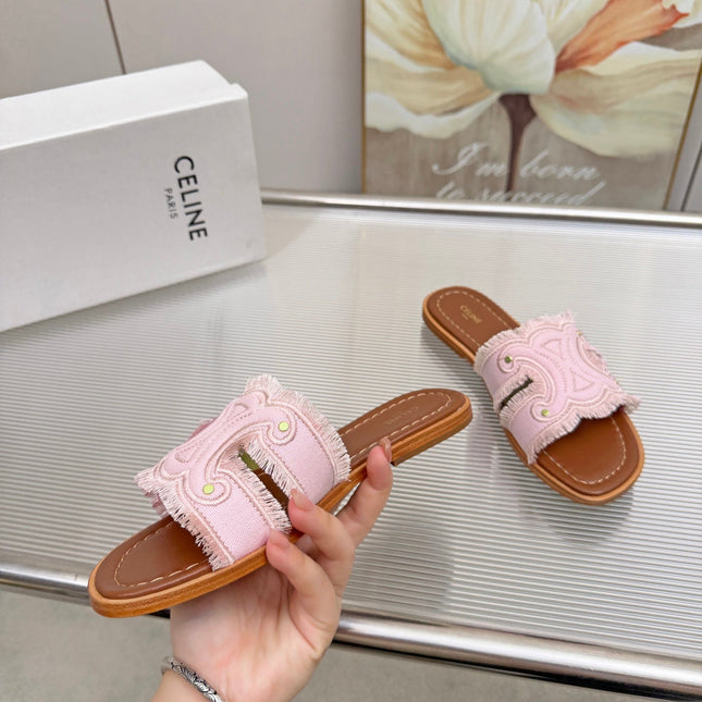 CELINE 26S TRIOMPHE SLIDE SANDALS IN NUDE PINK CANVAS