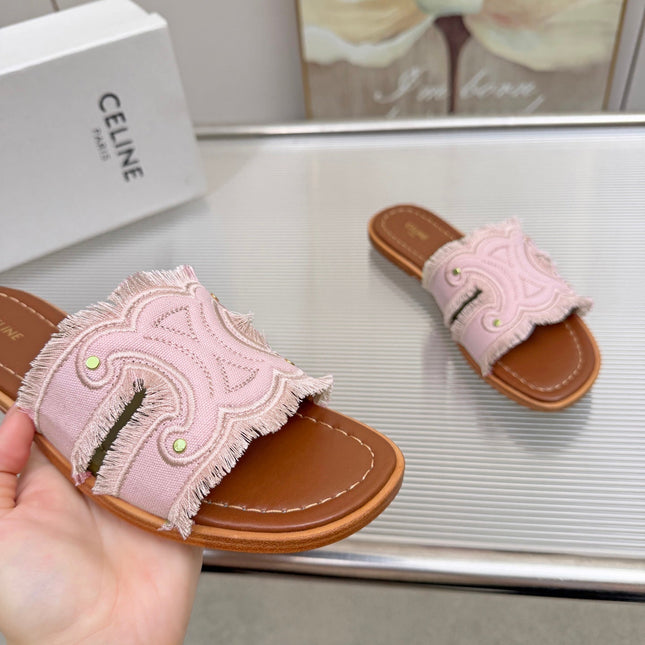 CELINE 26S TRIOMPHE SLIDE SANDALS IN NUDE PINK CANVAS
