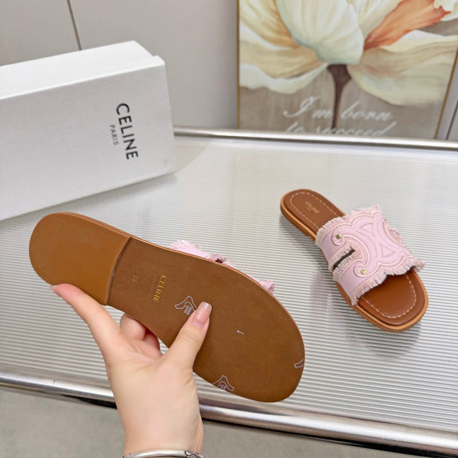 CELINE 26S TRIOMPHE SLIDE SANDALS IN NUDE PINK CANVAS