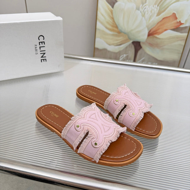 CELINE 26S TRIOMPHE SLIDE SANDALS IN NUDE PINK CANVAS