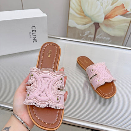 CELINE 26S TRIOMPHE SLIDE SANDALS IN NUDE PINK CANVAS