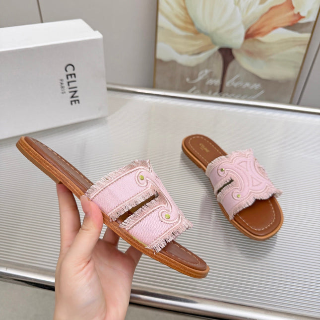 CELINE 26S TRIOMPHE SLIDE SANDALS IN NUDE PINK CANVAS