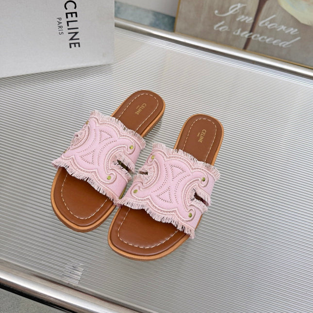 CELINE 26S TRIOMPHE SLIDE SANDALS IN NUDE PINK CANVAS