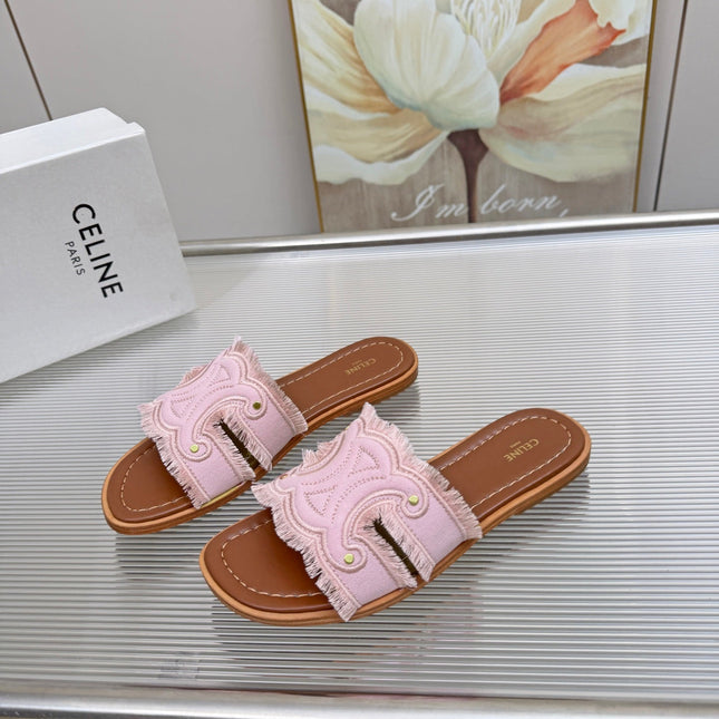 CELINE 26S TRIOMPHE SLIDE SANDALS IN NUDE PINK CANVAS