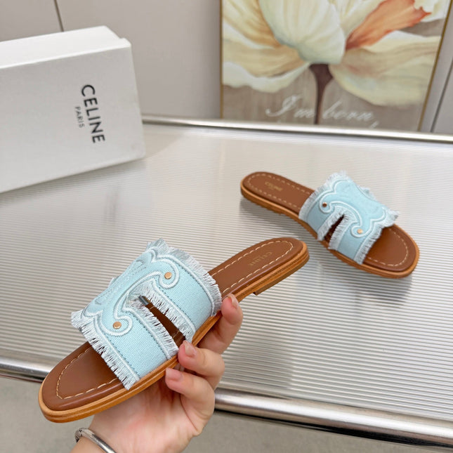 CELINE 26S TRIOMPHE SLIDE SANDALS IN SKY BLUE CANVAS