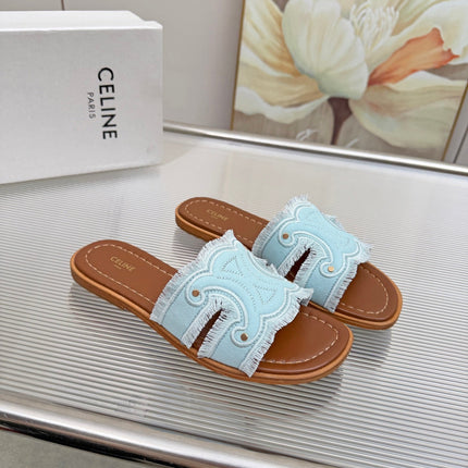 CELINE 26S TRIOMPHE SLIDE SANDALS IN SKY BLUE CANVAS