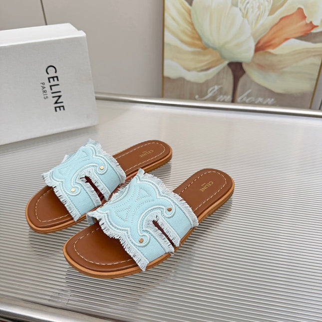 CELINE 26S TRIOMPHE SLIDE SANDALS IN SKY BLUE CANVAS