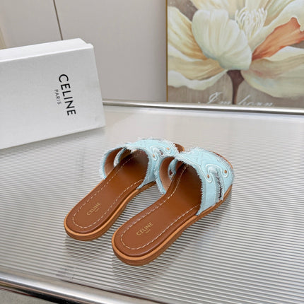 CELINE 26S TRIOMPHE SLIDE SANDALS IN SKY BLUE CANVAS