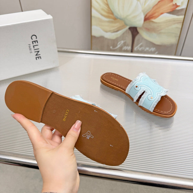 CELINE 26S TRIOMPHE SLIDE SANDALS IN SKY BLUE CANVAS