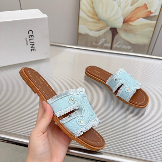 CELINE 26S TRIOMPHE SLIDE SANDALS IN SKY BLUE CANVAS
