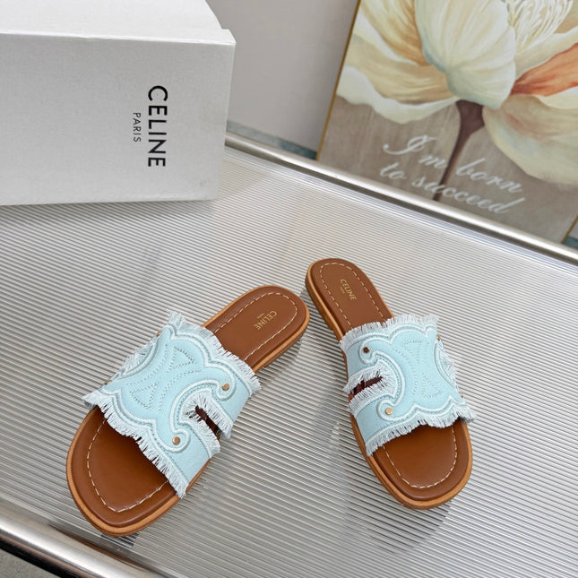 CELINE 26S TRIOMPHE SLIDE SANDALS IN SKY BLUE CANVAS