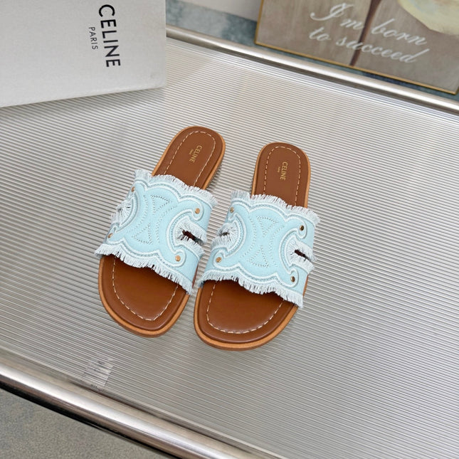 CELINE 26S TRIOMPHE SLIDE SANDALS IN SKY BLUE CANVAS