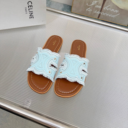 CELINE 26S TRIOMPHE SLIDE SANDALS IN SKY BLUE CANVAS