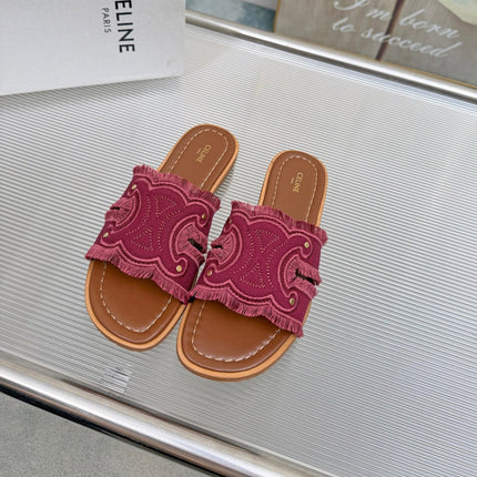CELINE 26S TRIOMPHE SLIDE SANDALS IN BERRY PINK CANVAS