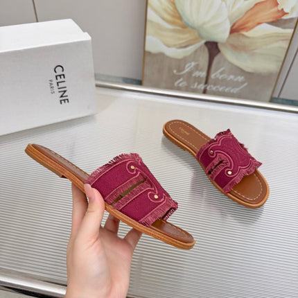CELINE 26S TRIOMPHE SLIDE SANDALS IN BERRY PINK CANVAS