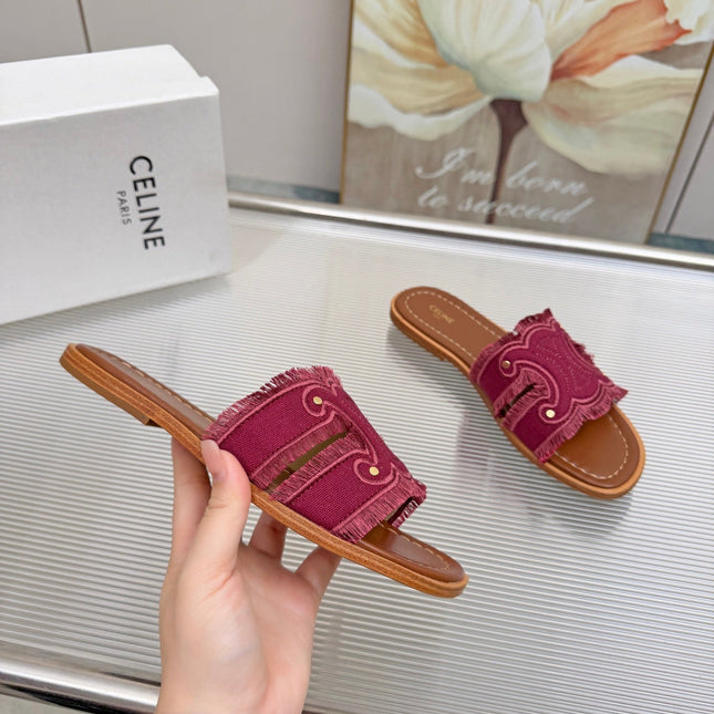 CELINE 26S TRIOMPHE SLIDE SANDALS IN BERRY PINK CANVAS