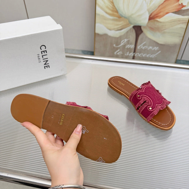 CELINE 26S TRIOMPHE SLIDE SANDALS IN BERRY PINK CANVAS