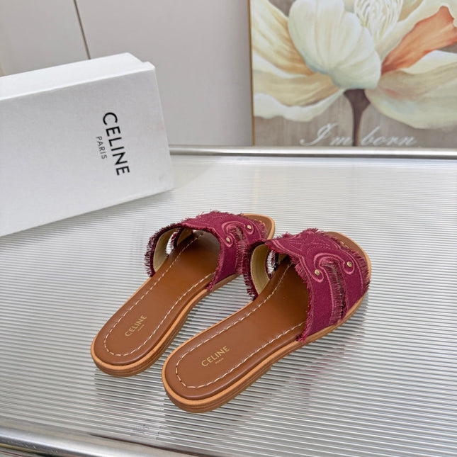 CELINE 26S TRIOMPHE SLIDE SANDALS IN BERRY PINK CANVAS