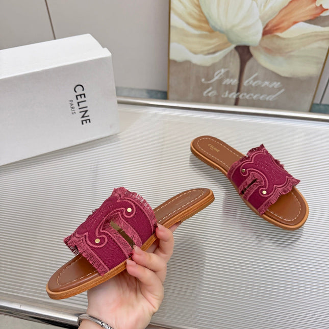 CELINE 26S TRIOMPHE SLIDE SANDALS IN BERRY PINK CANVAS