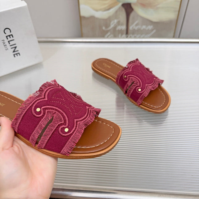 CELINE 26S TRIOMPHE SLIDE SANDALS IN BERRY PINK CANVAS