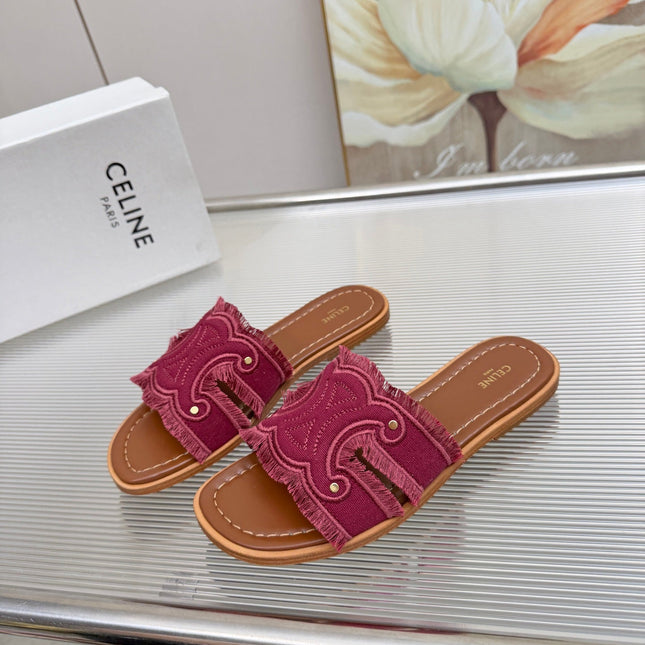CELINE 26S TRIOMPHE SLIDE SANDALS IN BERRY PINK CANVAS