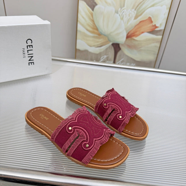 CELINE 26S TRIOMPHE SLIDE SANDALS IN BERRY PINK CANVAS