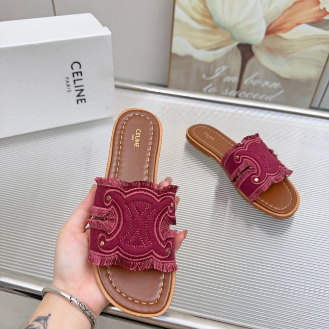 CELINE 26S TRIOMPHE SLIDE SANDALS IN BERRY PINK CANVAS