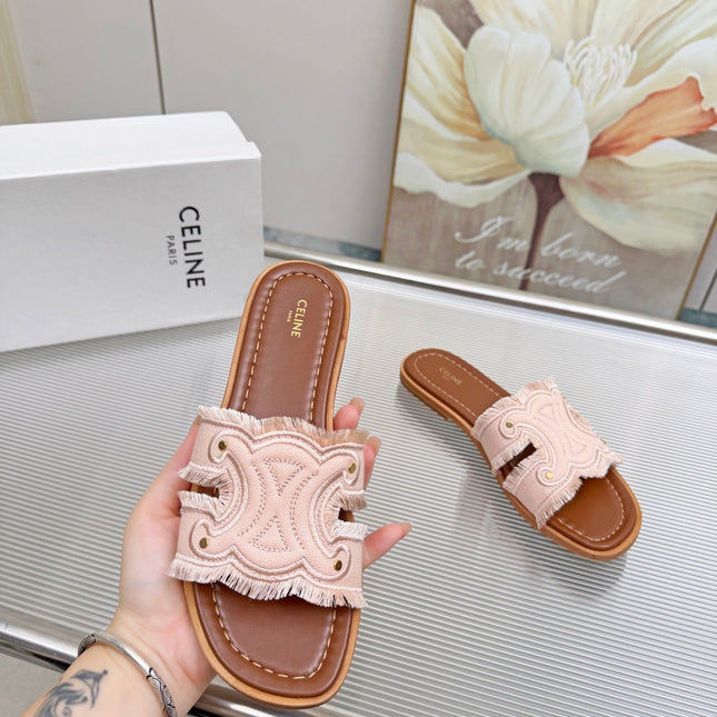 CELINE 26S TRIOMPHE SLIDE SANDALS IN BLUSH PINK CANVAS