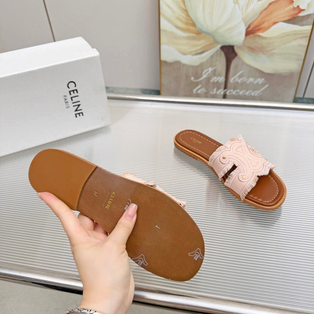 CELINE 26S TRIOMPHE SLIDE SANDALS IN BLUSH PINK CANVAS