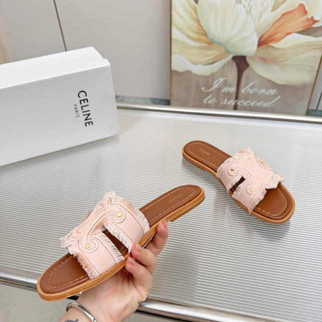 CELINE 26S TRIOMPHE SLIDE SANDALS IN BLUSH PINK CANVAS