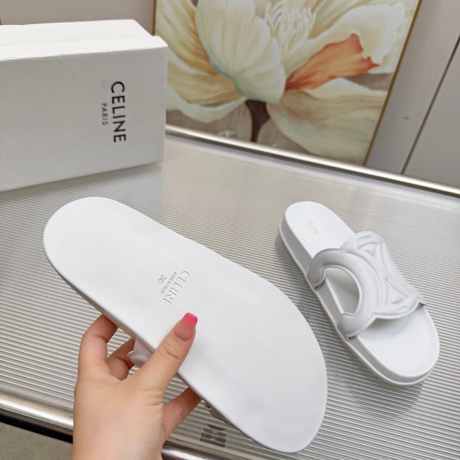 CELINE 26S TRIOMPHE SLIDES IN WHITE CALFSKIN