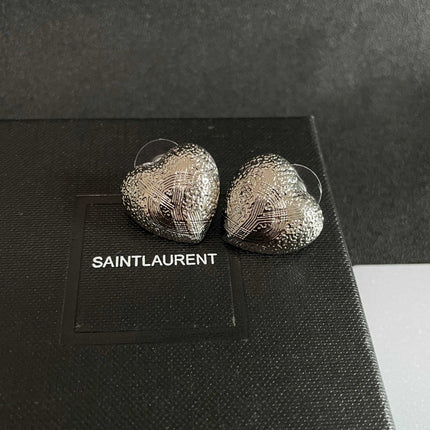 YSL 26S TEXTURED HEART STUD EARRINGS IN SILVER TONE METAL 622901