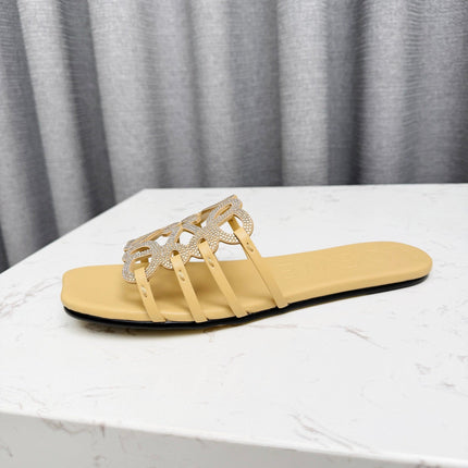 LOEWE 26S FLAT SANDALS IN WARM BEIGE CALFSKIN WITH CRYSTALS