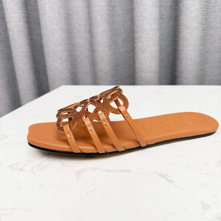 LOEWE 26S FLAT SANDALS IN BURNT ORANGE CALFSKIN WITH CRYSTALS