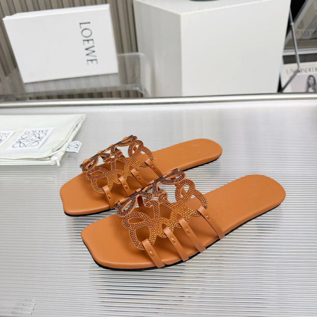 LOEWE 26S FLAT SANDALS IN BURNT ORANGE CALFSKIN WITH CRYSTALS