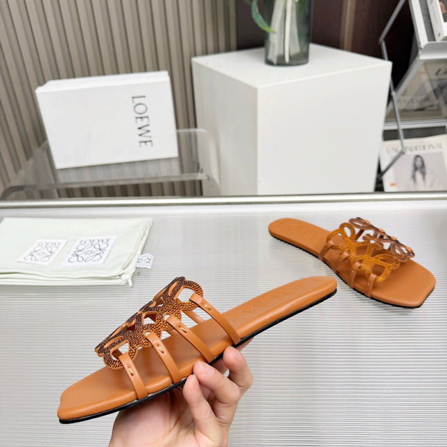 LOEWE 26S FLAT SANDALS IN BURNT ORANGE CALFSKIN WITH CRYSTALS