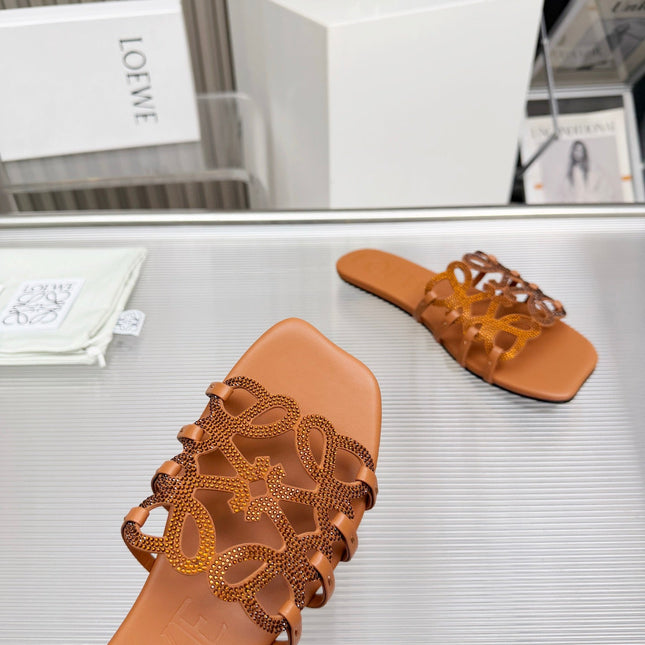 LOEWE 26S FLAT SANDALS IN BURNT ORANGE CALFSKIN WITH CRYSTALS