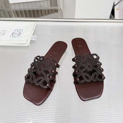 LOEWE 26S FLAT SANDALS IN DARK BROWN CALFSKIN WITH CRYSTALS