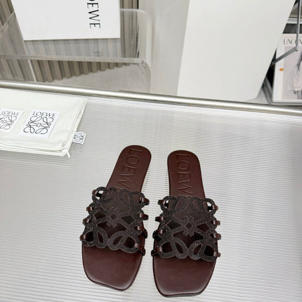 LOEWE 26S FLAT SANDALS IN DARK BROWN CALFSKIN WITH CRYSTALS