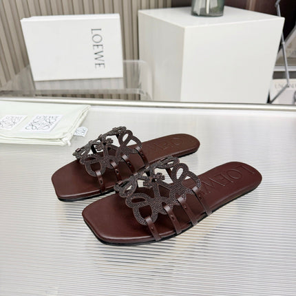 LOEWE 26S FLAT SANDALS IN DARK BROWN CALFSKIN WITH CRYSTALS