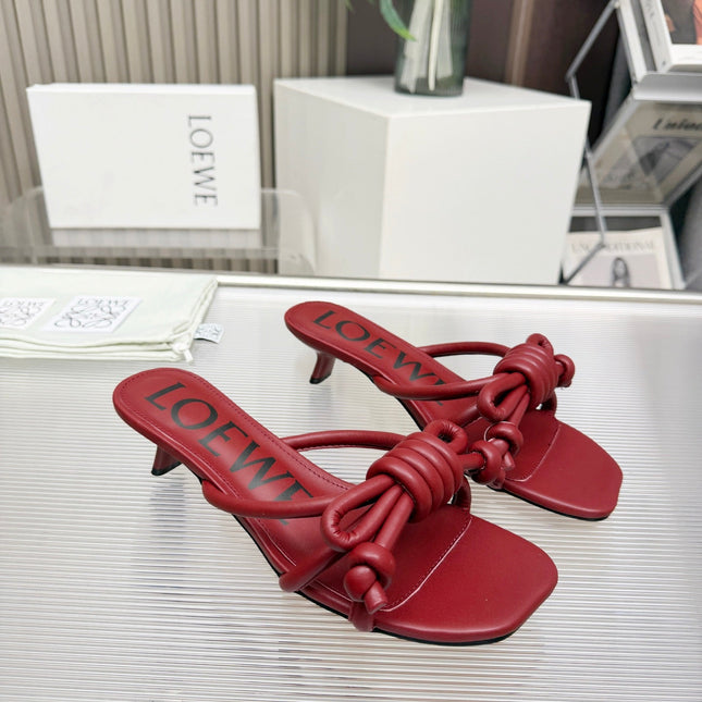 LOEWE 26S KITTEN HEEL KNOT SANDALS 45MM IN BURGUNDY RED CALFSKIN
