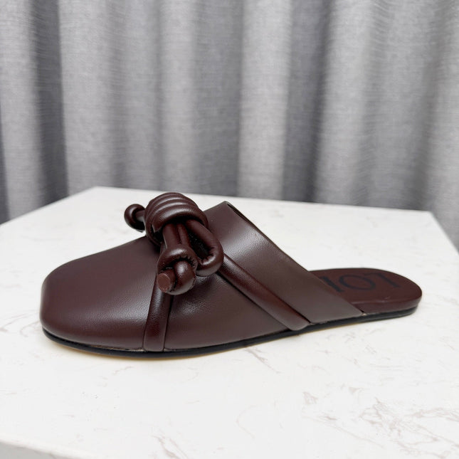 LOEWE 26S MULE LOAFERS IN DARK BROWN CALFSKIN KNOT DETAIL