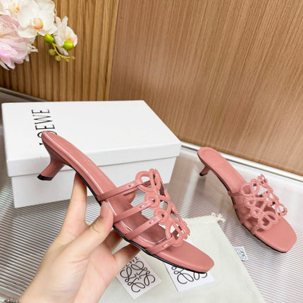 LOEWE 26S PETAL ANAGRAM KITTEN HEEL SANDALS 45MM IN PINK SOFT CALFSKIN