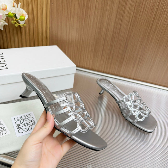LOEWE 26S PETAL ANAGRAM KITTEN HEEL SANDALS 45MM IN SILVER SOFT CALFSKIN