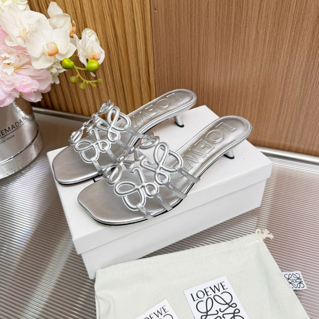 LOEWE 26S PETAL ANAGRAM KITTEN HEEL SANDALS 45MM IN SILVER SOFT CALFSKIN