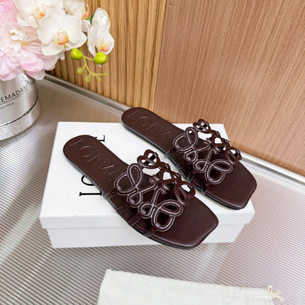 LOEWE 26S PETAL ANAGRAM SLIDE IN DARK BROWN SOFT CALFSKIN