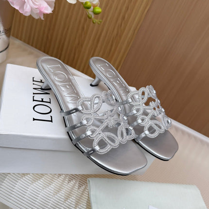 LOEWE 26S PETAL ANAGRAM SLIDE 45MM IN SILVER SOFT CALFSKIN WITH CRYSTALS