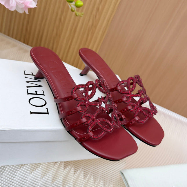 LOEWE 26S PETAL ANAGRAM SLIDE 45MM IN DARK RED SOFT CALFSKIN WITH CRYSTALS
