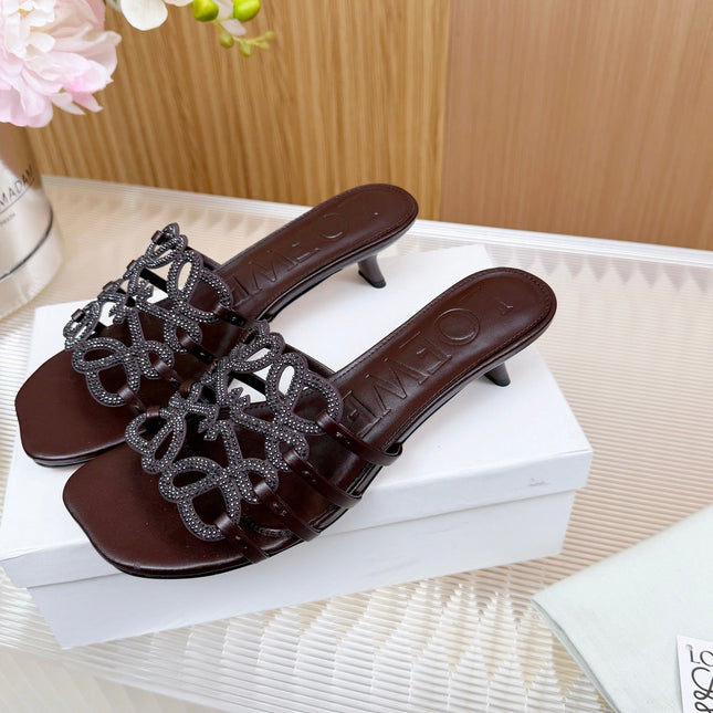 LOEWE 26S PETAL ANAGRAM SLIDE 45MM IN DARK BROWN SOFT CALFSKIN WITH CRYSTALS