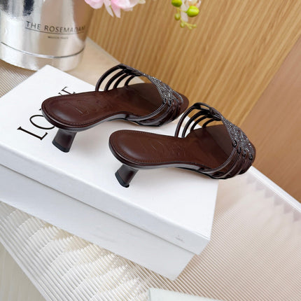 LOEWE 26S PETAL ANAGRAM SLIDE 45MM IN DARK BROWN SOFT CALFSKIN WITH CRYSTALS